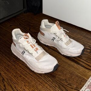 On Running White Sneakers with Tan Accents